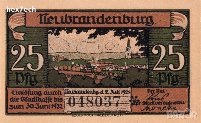❤️ Германия Neubrandenburg 1921 25 пфенинга UNC нова ❤️, снимка 2 - Нумизматика и бонистика - 52906208