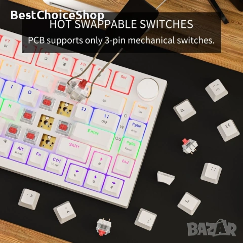 NEWMEN GM326 Механична клавиатура, Геймърска 75 %, TKL Hot Swap Compact LED осветление за PC/Win/Mac, снимка 6 - Клавиатури и мишки - 53670711