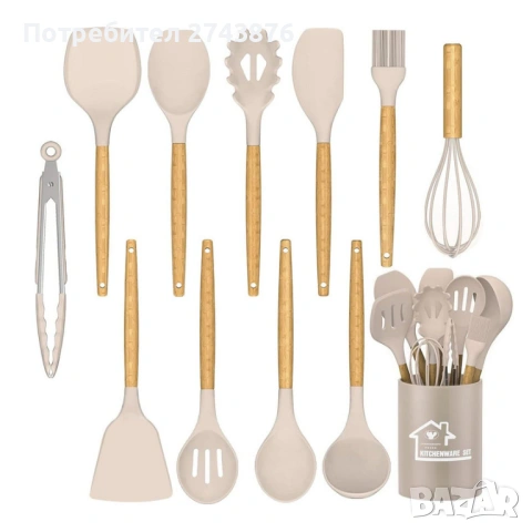 Комплект Силиконови прибори за Готвене 12 части с поставка, Силикон и дърво ,Капучино, снимка 5 - Прибори за хранене, готвене и сервиране - 45753083