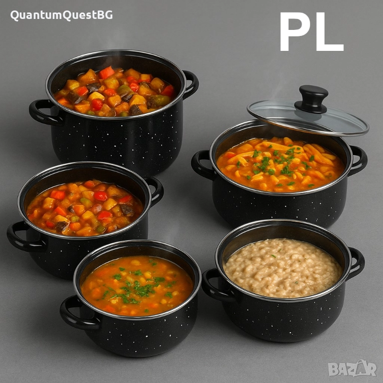 Комплект 5 броя тенджери, със 5 бр стъклени капаци Висококачествена изработка Черни, снимка 1