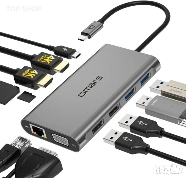 Omars USB C докинг станция  11 в 1 адаптер за двоен монитор с двоен 4K HDMI, VGA, Gigabit, снимка 1