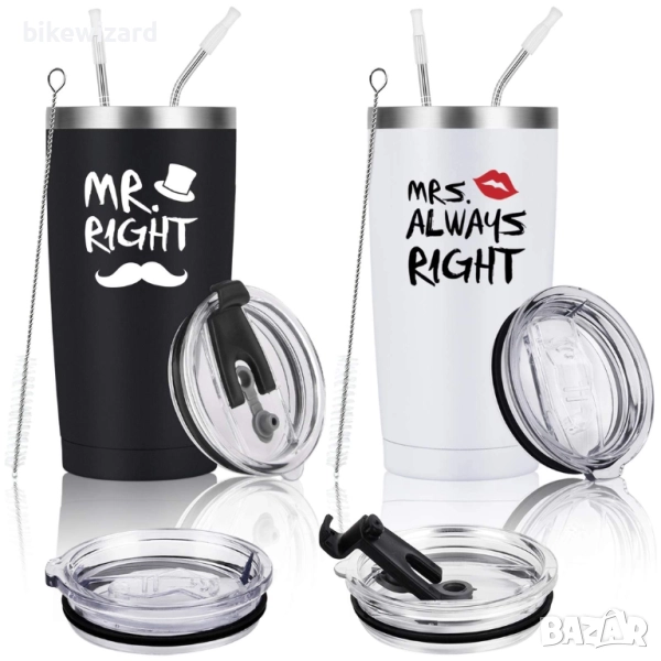 Комплект метални чаши  Mr Right и Mrs Always Right от неръждаема стомана 20oz с капак, сламка НОВИ, снимка 1