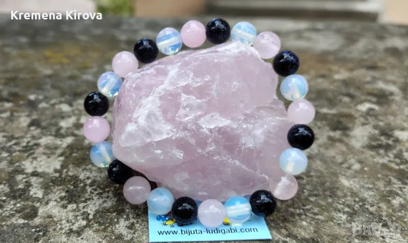 Розов кварц и гривна от розов кварц, лунен камък и авантюрин. Бижута Луди гъби. Ръчна изработка., снимка 1