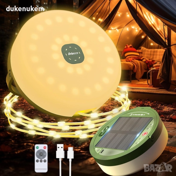 Соларни къмпинг лампички, 2м, 2-в-1, фенер и гирлянд с 8 режима, USB зареждане и дистанционно, снимка 1