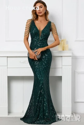Дълга рокля с паети в зелено , снимка 6 - Рокли - 50665513