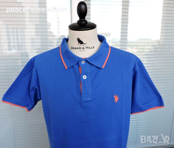 U.S.POLO ASSN Premium Cotton - Мъжка синя тениска с яка размер L , снимка 2 - Тениски - 46798657