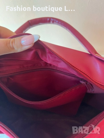Червена дамска чанта с кожени елементи и джоб с цип ❤️, снимка 6 - Чанти - 52178447