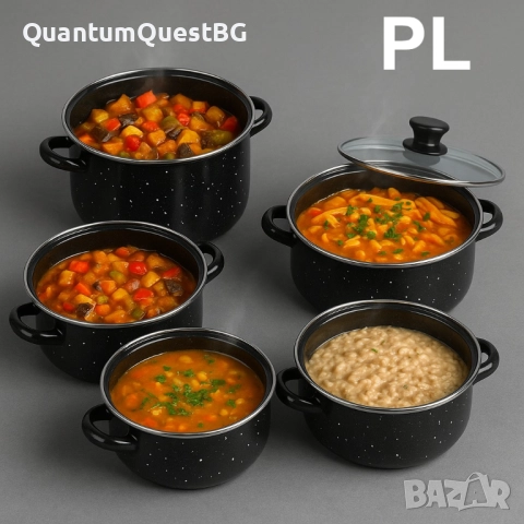 Комплект 5 броя тенджери, със 5 бр стъклени капаци Висококачествена изработка Черни