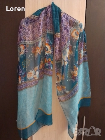 Шал с тюркоазени цветове с цветя, снимка 2 - Шалове - 48651284