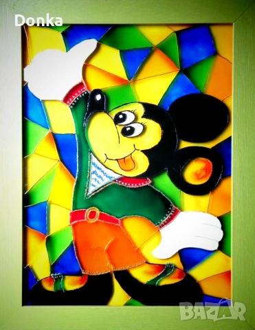 Подарък за детска стая - авторски оригинални СТЪКЛОПИСИ "Мики и Мини Маус", снимка 2 - Картини - 52352221