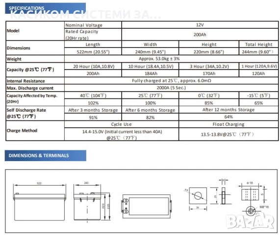 PNG батерия Гел батерия с преден терминал  (12V/200Ah) европейски стандарт, снимка 5 - Други стоки за дома - 53973342