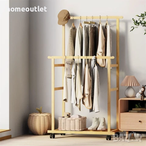 ПРОМОЦИЯ Мобилна бамбукова стойка за дрехи на 2 нива UNHO JJ-ZY643, снимка 3 - Етажерки - 50939281