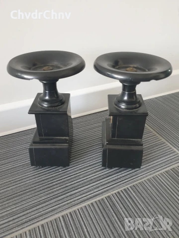 2бр стари мраморни свещници 22см-4кг/чифт декорации за мраморен каминен часовник, снимка 3 - Антикварни и старинни предмети - 51302103