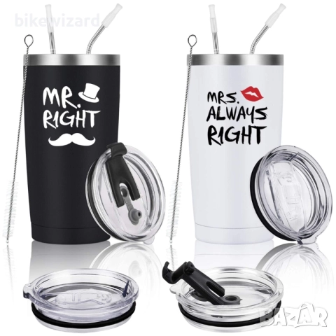 Комплект метални чаши  Mr Right и Mrs Always Right от неръждаема стомана 20oz с капак, сламка НОВИ