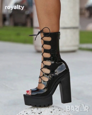 Летни боти на ток - черен лак