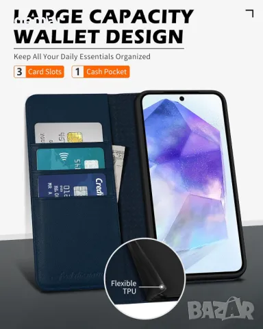 Калъф-портфейл SHIELDON за Galaxy A55 5G 6.6" от естествена кожа с слотове за карти, снимка 8 - Калъфи, кейсове - 50033478