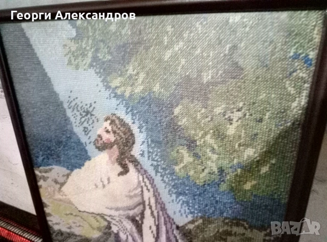 Иисус в Гетсиманската градина Стар РЪЧНО УШИТ ГОБЛЕН 49/37см в Дървена рамка със Стъкло, снимка 3 - Гоблени - 53940503