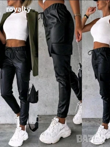 Дамски черен кожен панталон