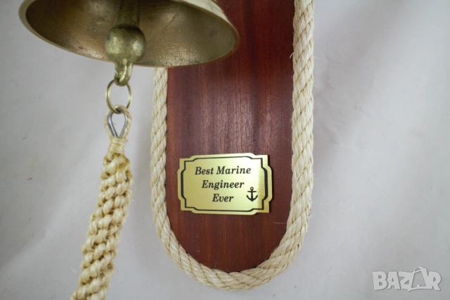 203 Корабна камбана от плътен месинг на махагонова поставка, снимка 4 - Колекции - 54022152