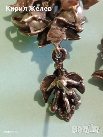 Винтидж сребърни обеци с флорален мотив и инкрустирани перли ювелирна изработка 52447, снимка 6 - Обеци - 52909467