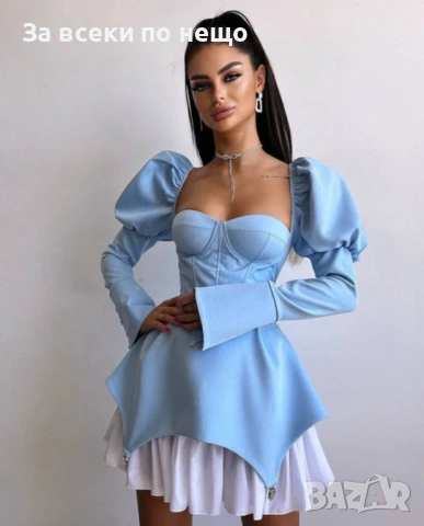 Дамска Елегантна Къса Рокля С Корсет И Буфан Ръкави Синя Или Зекена Код Amel-Rea