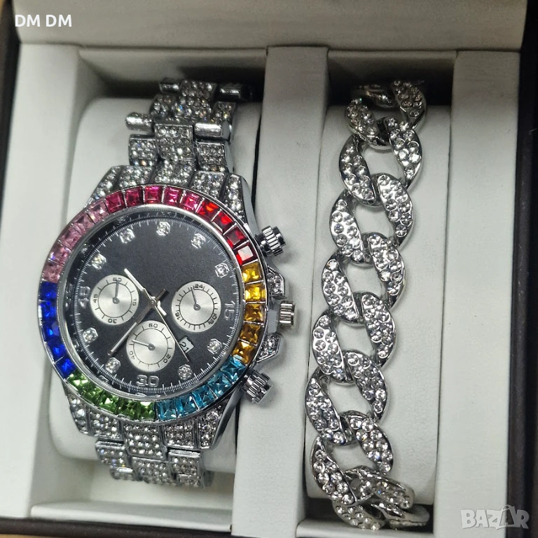 Сребрист часовник + гривна Rainbow Crystal Watch Set 🌈, снимка 1