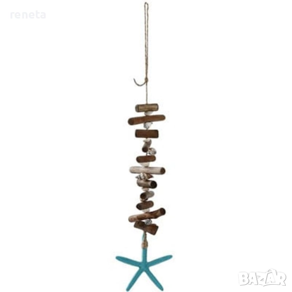 Декорация Висулка с морска звезда, Ръчна изработка, Дърво/раковини/синя звезда, 40 см, снимка 1
