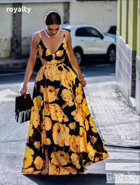Дълга ефектна рокля в черно и жълно, снимка 1