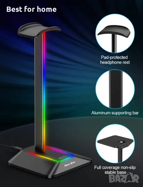 New BEE RGB стойка за слушалки с LED подсветка и зарядни портове, снимка 1