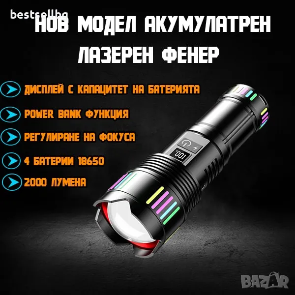 Мощен лазерен фенер акумулаторен лед ръчен прожектор Power Bank зарядно, снимка 1