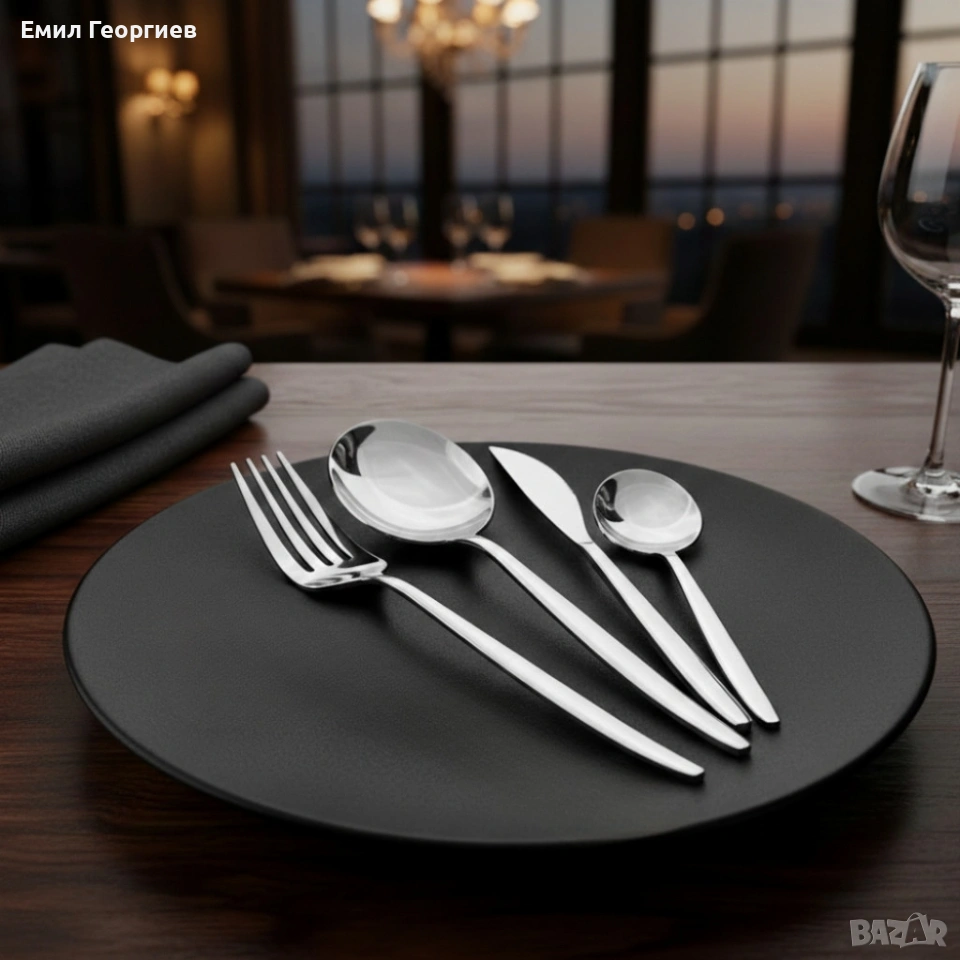 Комплект прибори за хранене в сребрист цвят от 24 части с луксозен дизайн и магнитна кутия, снимка 1