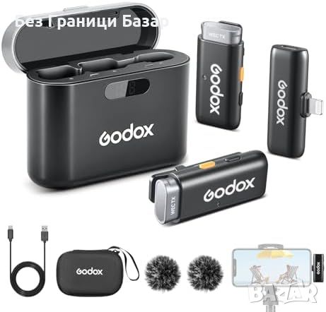 Нов Godox WES1 Kit2 Двуканален Лавалиер Микрофон 2.4G за iPhone Айфон, снимка 1