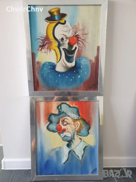 Giorgio 61х53см/2бр италиански стари картини масло върху платно/портрети-клоуни/дървена рамка, снимка 1