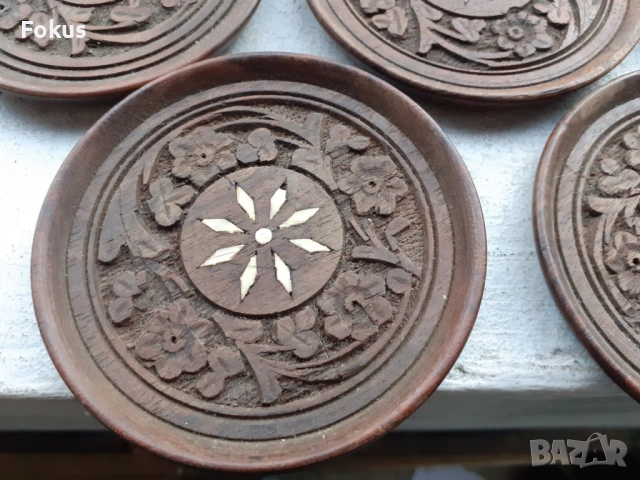 Стари дървени подложки за чаши дърворезба и седеф, снимка 2 - Антикварни и старинни предмети - 53395447