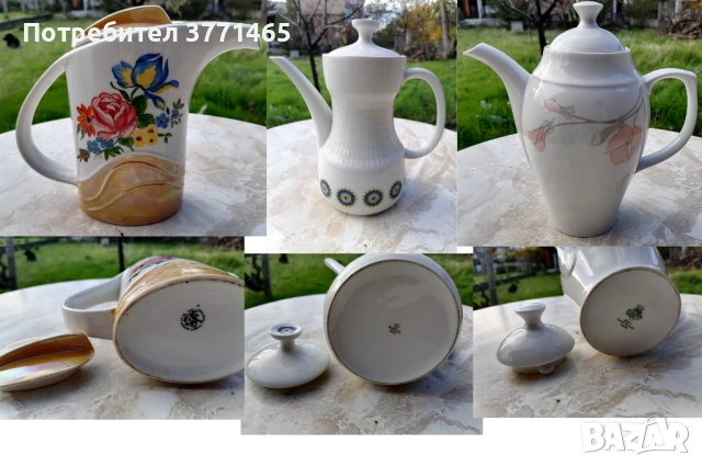 Чайник порцелан, кристална фруктиера, стъклени купички