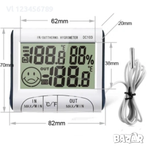 Термометър+влагомер - външна и вътрешна температура dc 103, снимка 3 - Други стоки за дома - 53864596