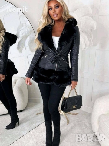 Дамско кожено яке с пух, снимка 3 - Якета - 52370366