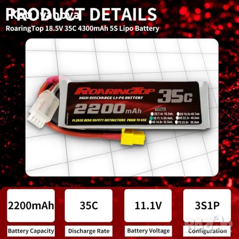 LiPo батерия 35C 2200mAh 3S 11.1V с букса EC3 за RC кола, лодка, камион лодка  самолет, снимка 3 - Екипировка - 47238357