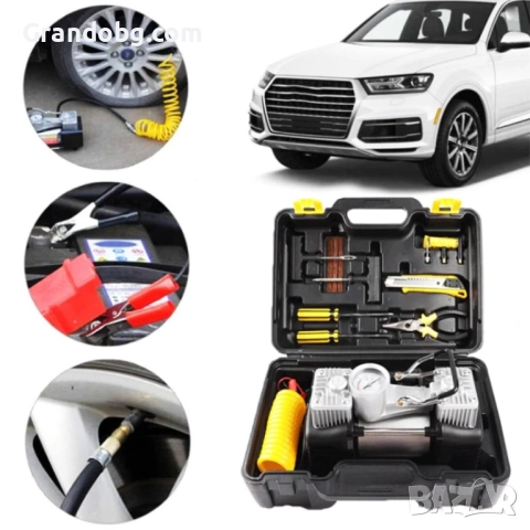 Немски Комплект „Пътна помощ“ WerkBull – компресор за гуми, маркуч за въздух и инструменти в преноси, снимка 2 - Куфари с инструменти - 52421618