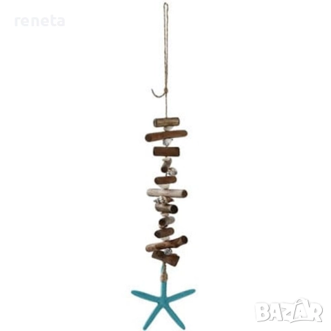 Декорация Висулка с морска звезда, Ръчна изработка, Дърво/раковини/синя звезда, 40 см, снимка 1