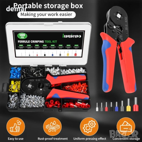Комплект инструмент за кримпване на ферули 0.25-10 mm² (AWG 23-7) с 1400 броя клемни конектора, снимка 5 - Други инструменти - 53923982