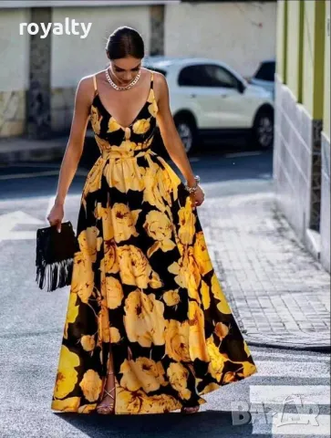 Дълга ефектна рокля в черно и жълно