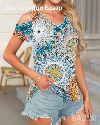 Нова Летна Дамска Тениска Шикозна Блуза с Цветен Дизайн и Открити Рамене Топ, снимка 2 - Тениски - 45496705