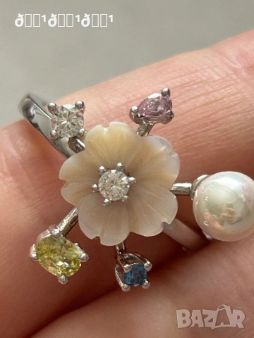 Луксозен сребърен пръстен със седефено цвете топази и перла , снимка 8 - Пръстени - 52835181