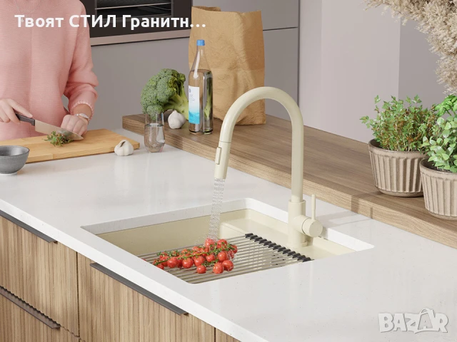 БЕж кухненска мивка за вграждане под плот Берген 60 Low 560x530 мм, снимка 2 - Мивки - 51415874