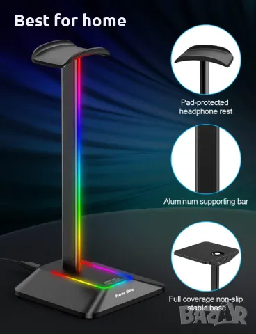 New BEE RGB стойка за слушалки с LED подсветка и зарядни портове, снимка 1 - Слушалки за компютър - 47027571