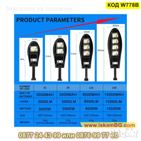 Улична соларна лампа с акумулаторна батерия и сензор за движение - КОД W778B, снимка 4 - Соларни лампи - 45206301