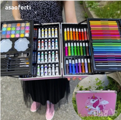 🦄 Детски Комплект за Рисуване (145 Части) в Куфар – Пастели, Моливи, Маркери и Бои, снимка 4 - Образователни игри - 52558129