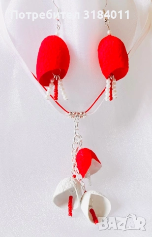 Обеци и колиета в червено и бяло, снимка 5 - Колиета, медальони, синджири - 53604416