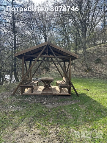 Дървена масивна беседка с пейки и маса , снимка 2 - Градински мебели, декорация  - 54211839